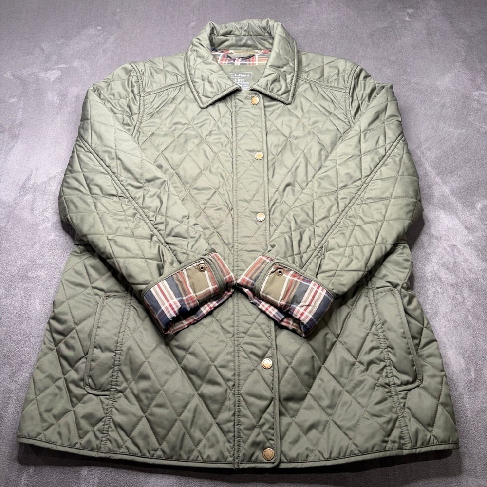 LL Bean Quilted Riding Jacket Women Large Olive Green Plaid Lined Snap Barn Coat - Picture 3 of 14
